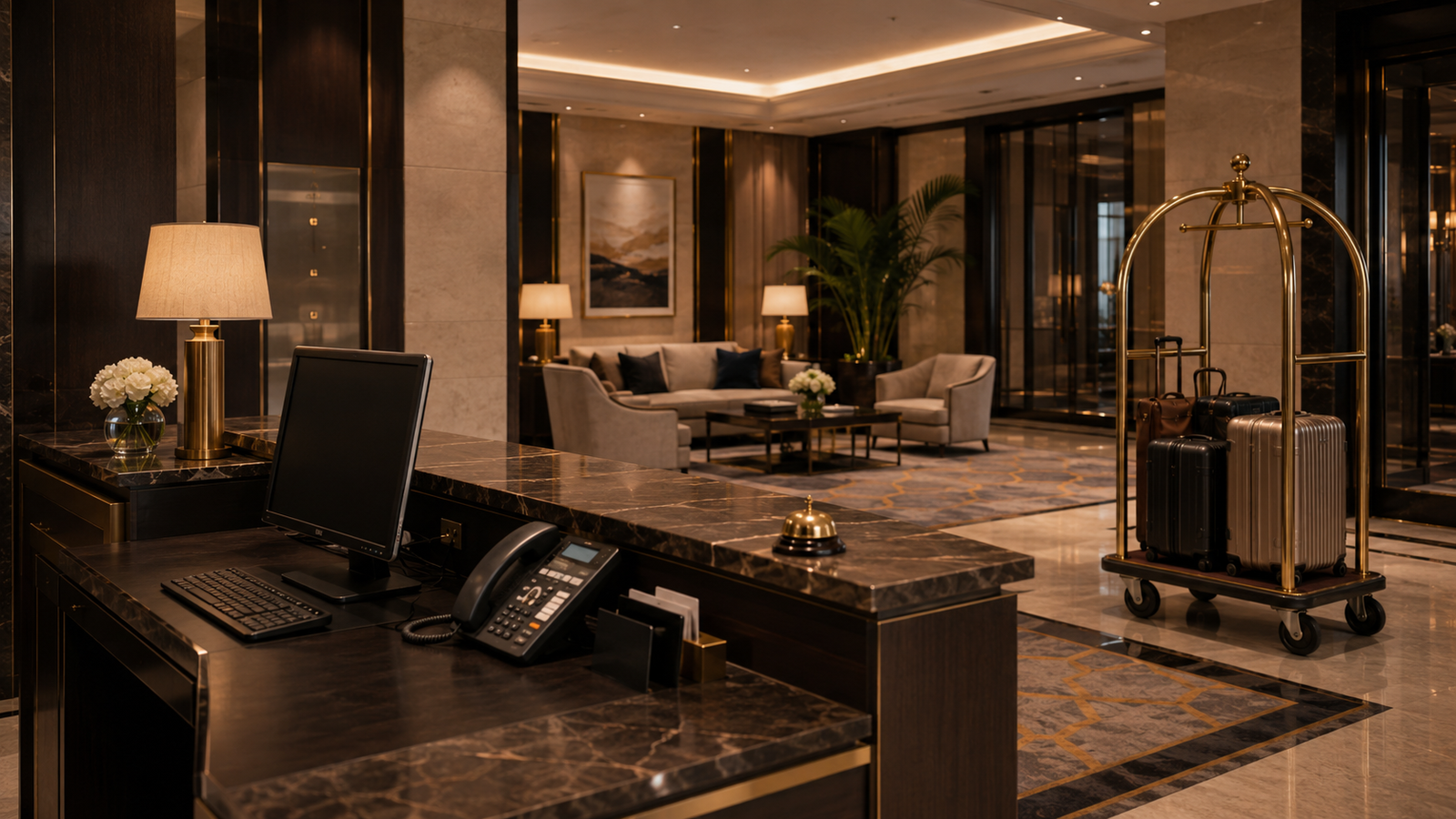 Eleganter Front-Office-Bereich mit Empfangstresen, Computer, Telefon, Rezeptionsglocke, Lobby und Gepäckwagen.