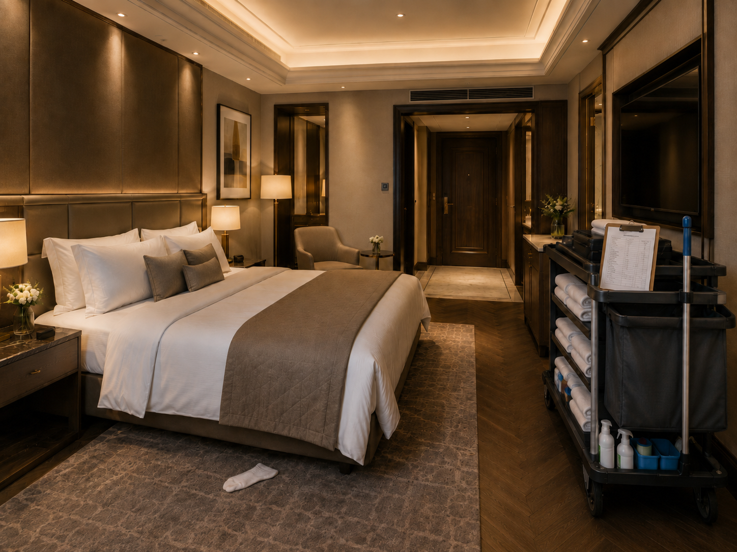 Modernes Hotelzimmer mit Bett, Housekeeping-Wagen, Klemmbrett, Wäsche, Reinigungsmitteln und einer Fundsocke.