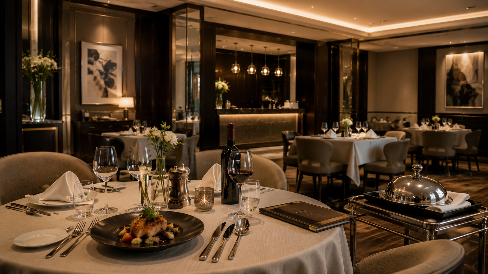 Elegantes Hotelrestaurant mit gedecktem Tisch, Gläsern, Wein, Speisekarte, serviertem Gericht und Servierwagen.